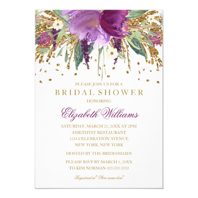 Floral Glitter Sparkling Amethyst Bridal Shower Invitation