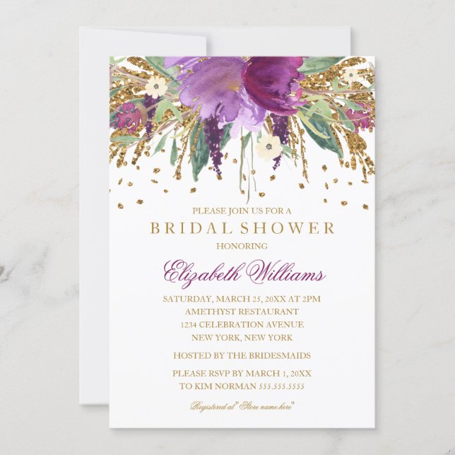 Floral Glitter Sparkling Amethyst Bridal Shower Invitation (Front)