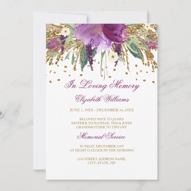 Floral Glitter Sparkling Amethyst Memorial Service Invitation (Front)