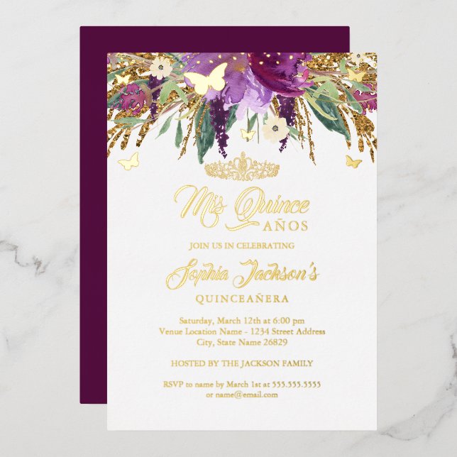 Floral Glitter Sparkling Amethyst Quinceanera  Foil Invitation (Front/Back)