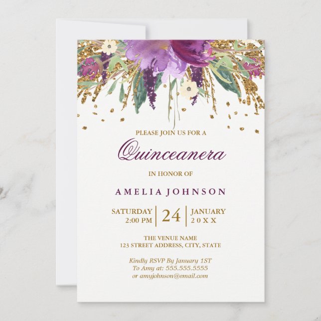 Floral Glitter Sparkling Amethyst Quinceanera Invitation (Front)
