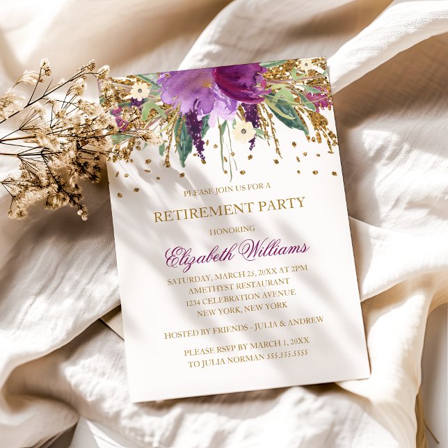 Floral Glitter Sparkling Amethyst Retirement Party Invitation (Creator Uploaded)