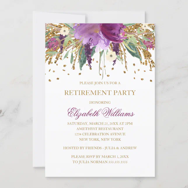 Floral Glitter Sparkling Amethyst Retirement Party Invitation | Zazzle