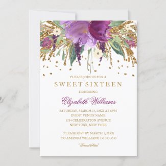 Floral Glitter Sparkling Amethyst Sweet 16 Invite