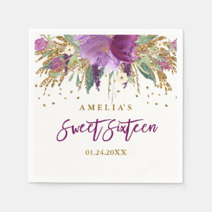 Floral Glitter Sparkling Amethyst Sweet 16 Napkin