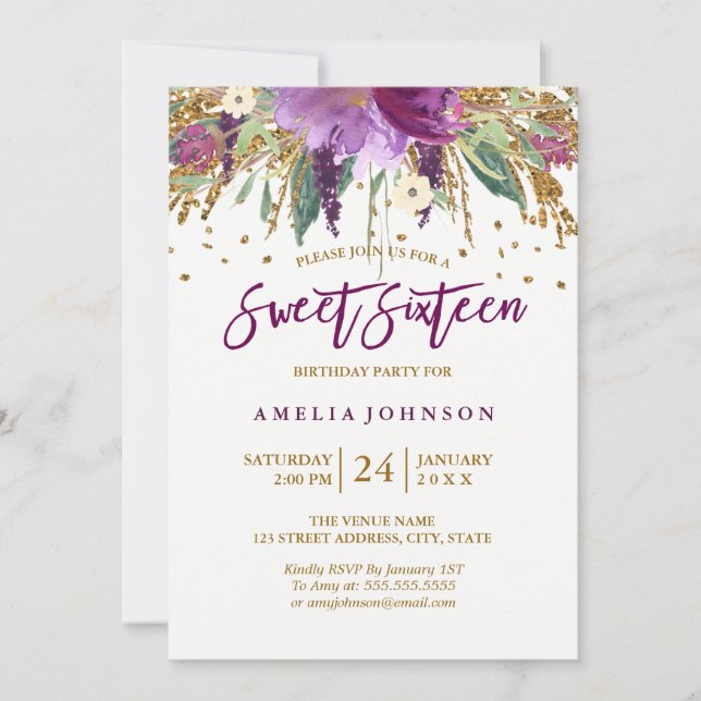 Floral Glitter Sparkling Amethyst Sweet Sixteen Invitation (Front)