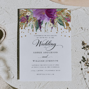 Floral Glitter Sparkling Amethyst Wedding  Invitation