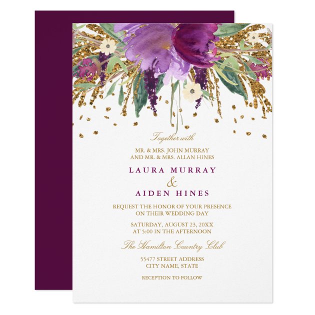 Floral Glitter Sparkling Amethyst Wedding Invite