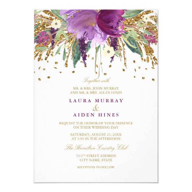 Floral Glitter Sparkling Amethyst Wedding Invite