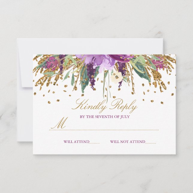 Floral Glitter Sparkling Amethyst Wedding RSVP (Front)