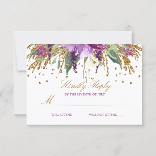 Floral Glitter Sparkling Amethyst Wedding RSVP