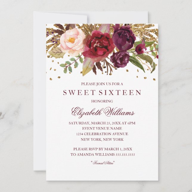 Floral Glitter Sparkling Burgundy Sweet Sixteen Invitation (Front)