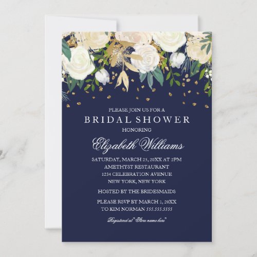 Floral Glitter Sparkling Gold Navy Bridal Shower Invitation