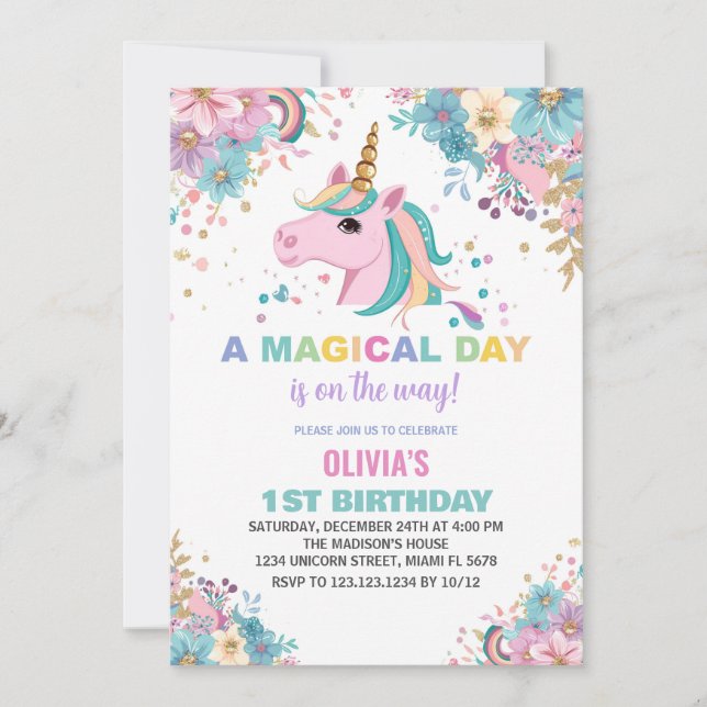 Floral Glitter Unicorn Birthday Invitations (Front)
