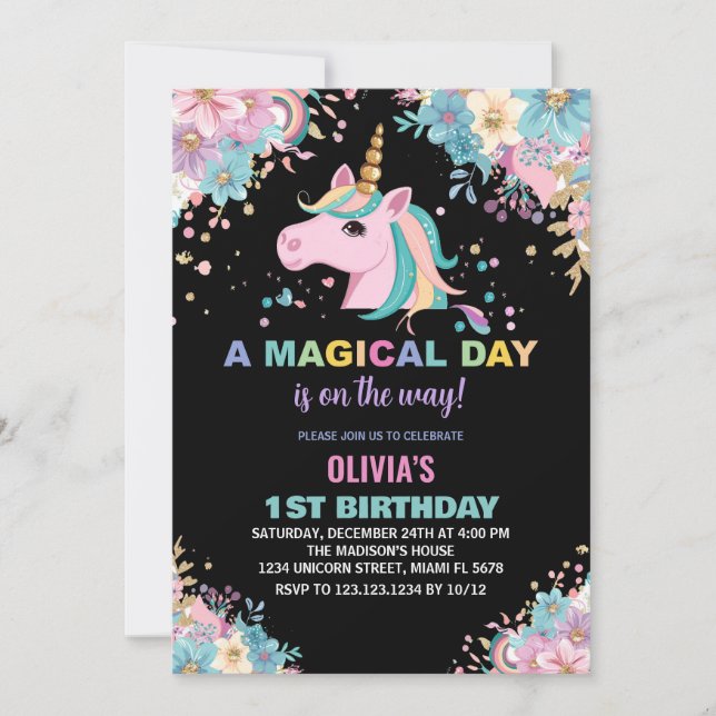 Floral Glitter Unicorn Birthday Invitations (Front)