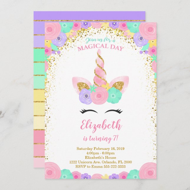 Floral Glitter Unicorn Invitation (Front/Back)
