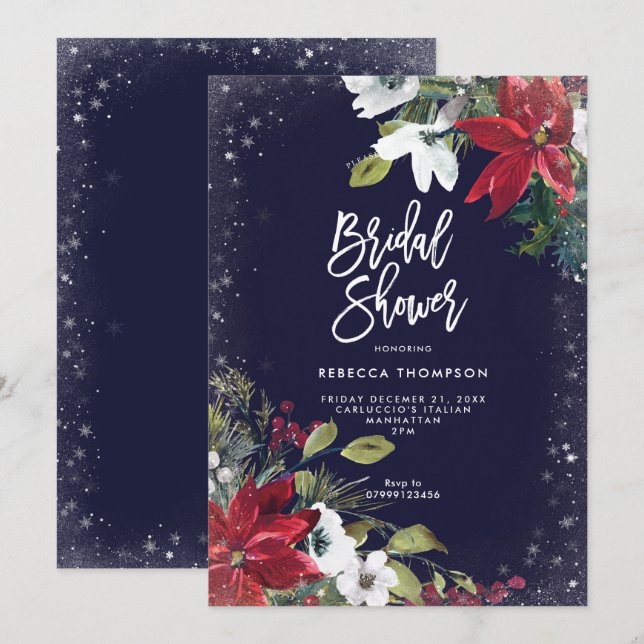 floral glitter winter bridal shower invitation (Front/Back)