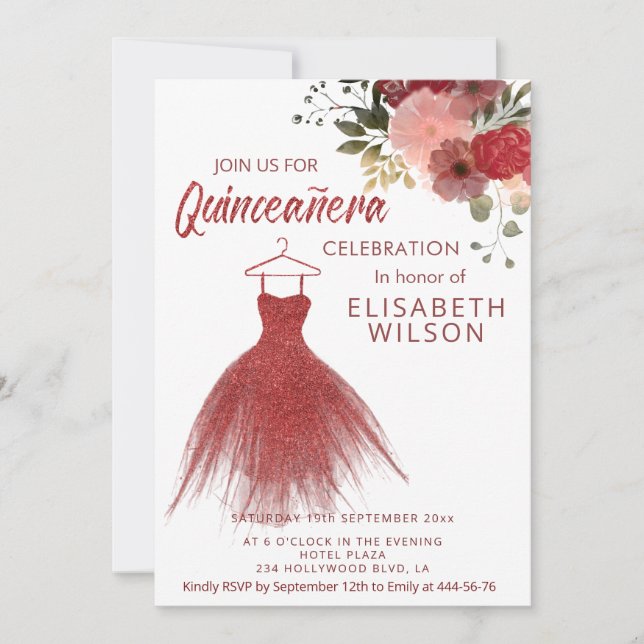 Floral glittery red dress Quinceañera  Invitation (Front)