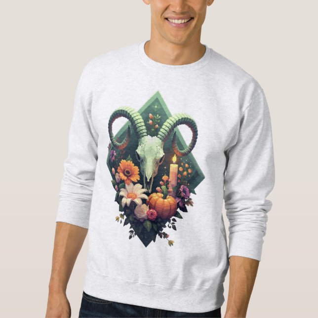 Floral Goat Skull with pumpkin and candle Pixel ar Sweatshirt (Front)