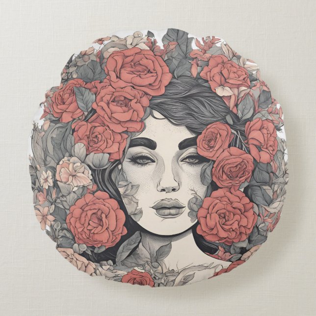 Floral Goddess  – Elegant Woman with Roses Round Pillow (Front)