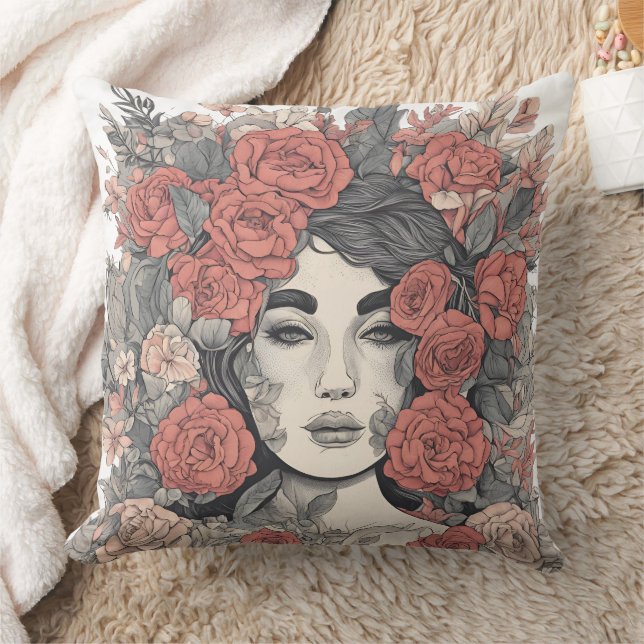 Floral Goddess  – Elegant Woman with Roses Throw Pillow (Blanket)