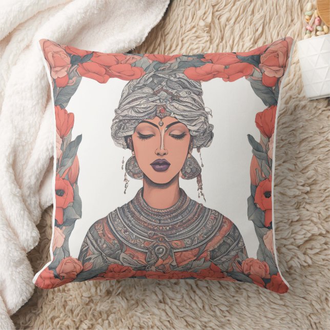 Floral Goddess  – Elegant Woman with Roses Throw Pillow (Blanket)