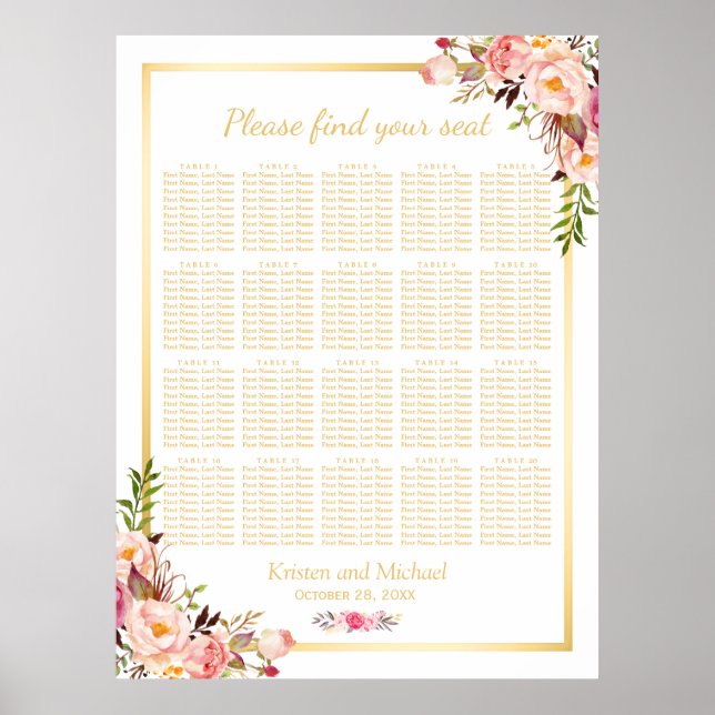 Floral Gold | 20 Tables Wedding Seating Chart (Front)