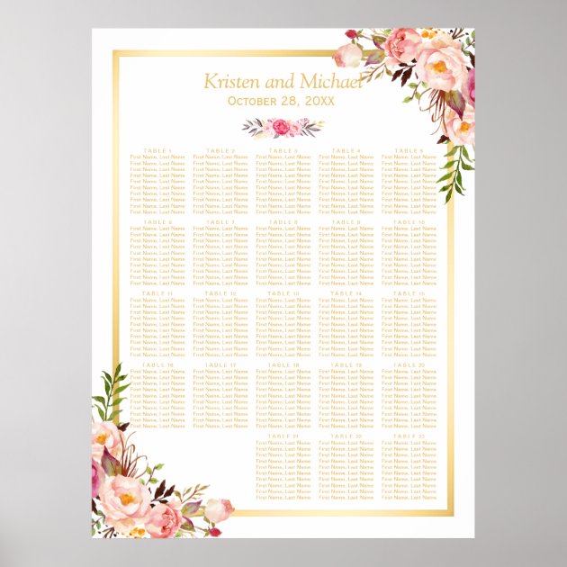 Floral Gold | 20+ Tables Wedding Seating Chart Poster