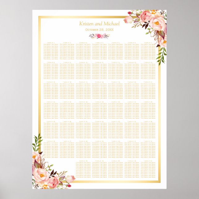 Floral Gold | 40+ Tables Wedding Seating Chart (Front)