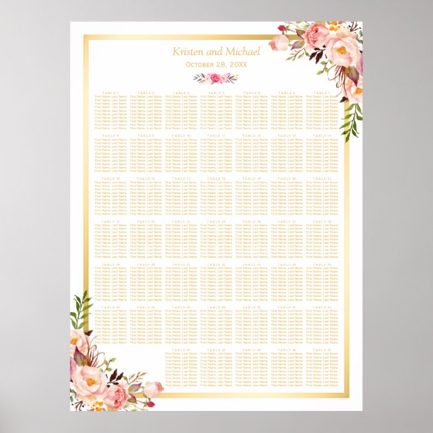 Floral Gold | 40+ Tables Wedding Seating Chart Poster