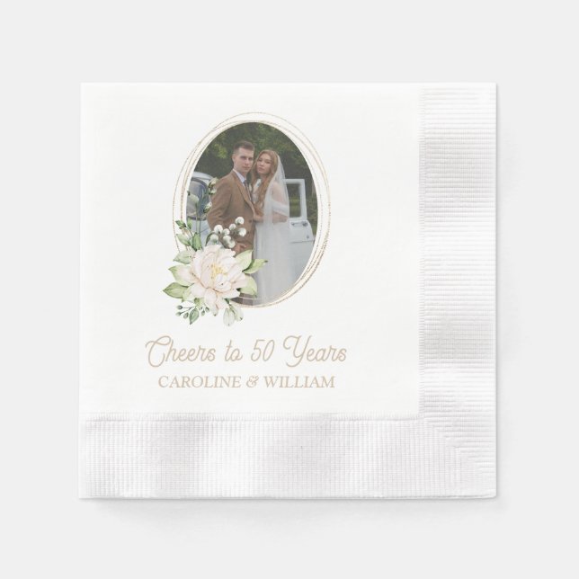Floral & Gold 50th Anniversary Party Napkins (Front)