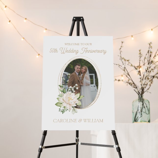 Floral & Gold 50th Anniversary Welcome Sign (In Situ (Stand))