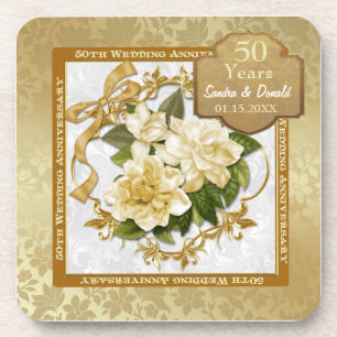 Floral Gold 50th Wedding Anniversary Drink Coaster