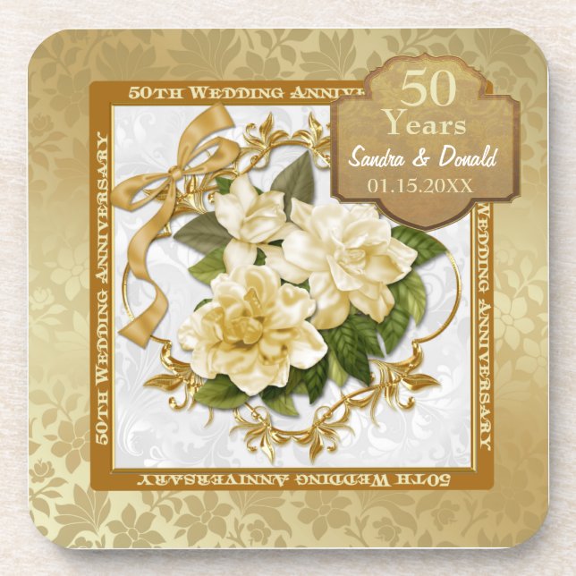 Floral Gold  50th Wedding Anniversary Drink Coaster (Front)