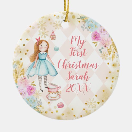 Floral Gold Alice First Christmas Ceramic Ornament