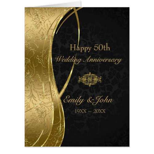 Floral Gold And Black Damask Wedding Anniversary Card