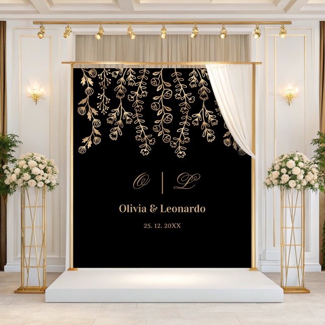 Floral Gold And Black Elegant Wedding Backdrop (Creator Uploaded)