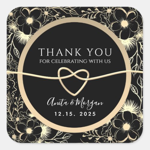 Floral Gold and Black Wedding Thank You Square Sticker