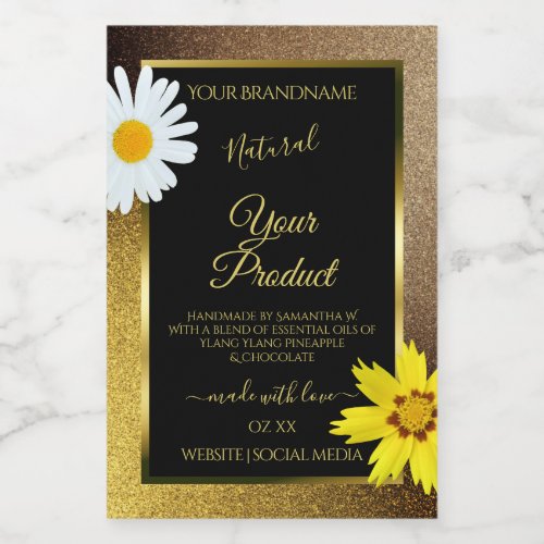 Floral Gold and Brown Glitter Black Product Labels