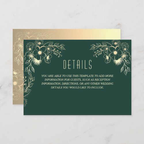 Floral Gold and Emerald Green Wedding Details Enclosure Card