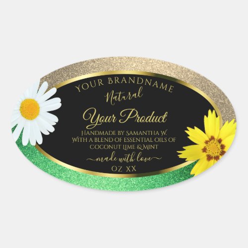 Floral Gold and Green Glitter Black Product Labels