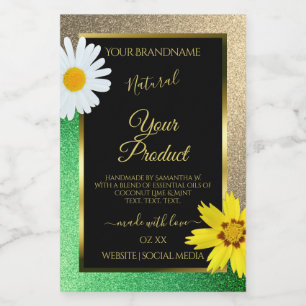 Floral Gold and Green Glitter Black Product Labels