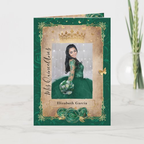 Floral Gold and Green Quinceaera Photo Folded Invitation