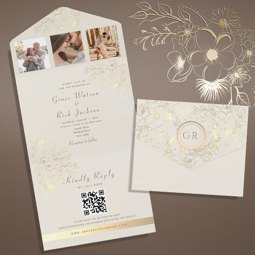 Floral Gold and Ivory Wedding QR Code All In One Invitation