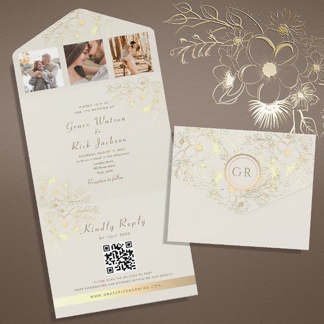 Floral Gold and Ivory Wedding QR Code All In One Invitation (Creator Uploaded)