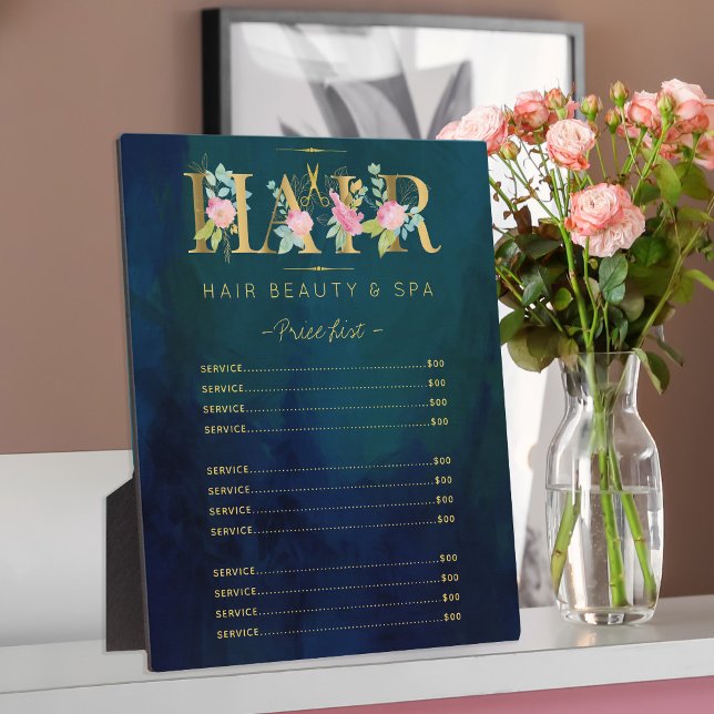 Floral gold and navy hair salon services list plaque (Creator Uploaded)