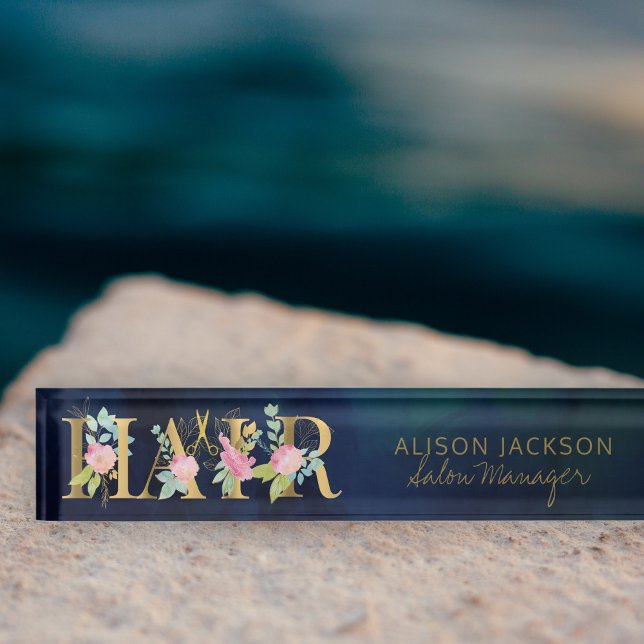 Floral gold and navy typography hair salon manager desk name plate (Creator Uploaded)