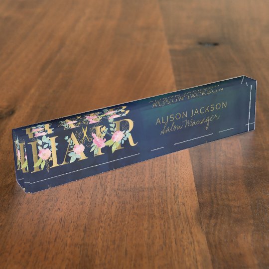 Floral Gold And Navy Typography Hair Salon Manager Desk Name Plate