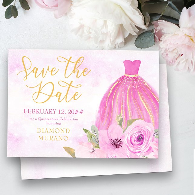 Floral Gold and Pink Princess Gown Save The Date (Save the Date invitation from my Galaxy Floral Princess Quinceanera collection
)