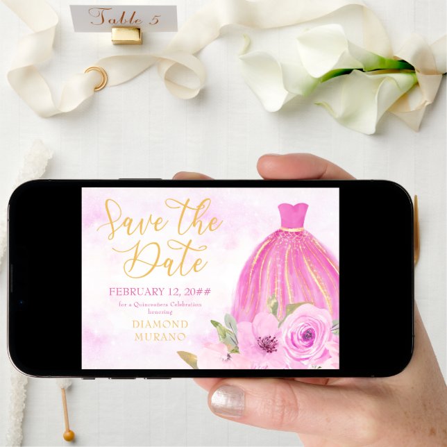 Floral Gold and Pink Princess Gown Save The Date (Front Digital)